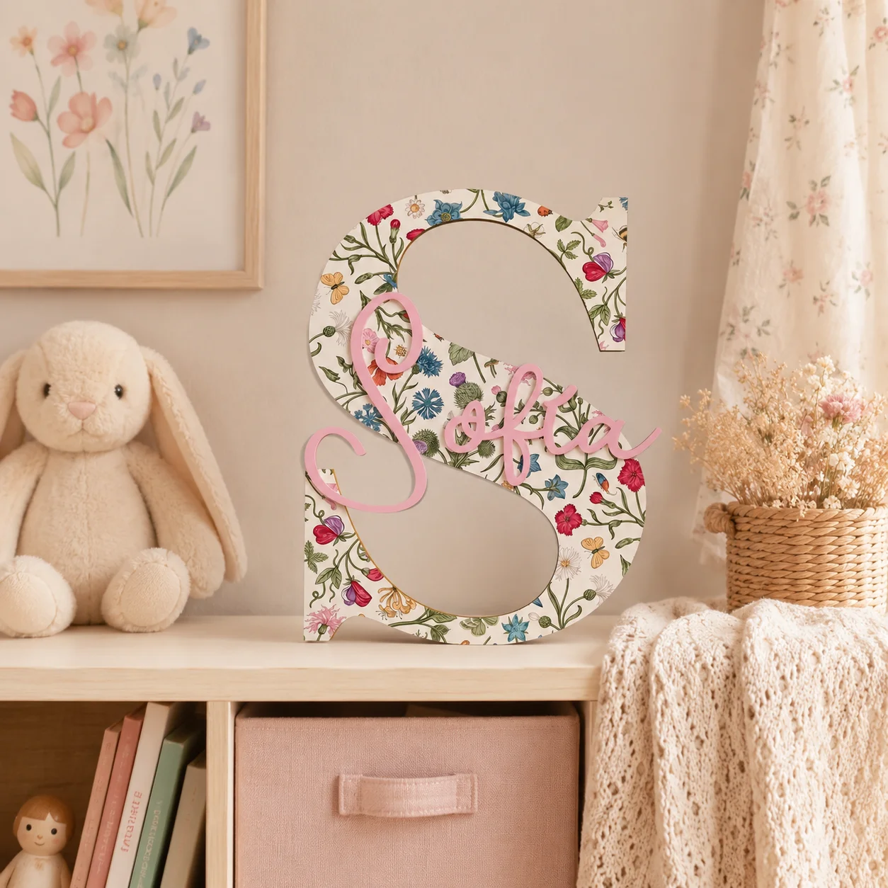 1Pc Custom Floral Letter Initial Wooden Name Plaque,Home Nursery Room Wall Door Decor,Birthday Wedding Baby Shower Gift Gift