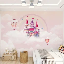 Custom 3D Wall Mural Modern Nordic Ins Cartoon Hand-painted Pink Hot Air Balloon Castle Children's Room Background Wall Paper 3D