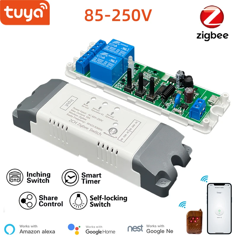 Tuya Smart Zigbee 2 Channel 85-250V 3 Mode Zigbee Switch ,Smart DIY Inching Switch,RF433 Remote ,Works With Alexa Google Home