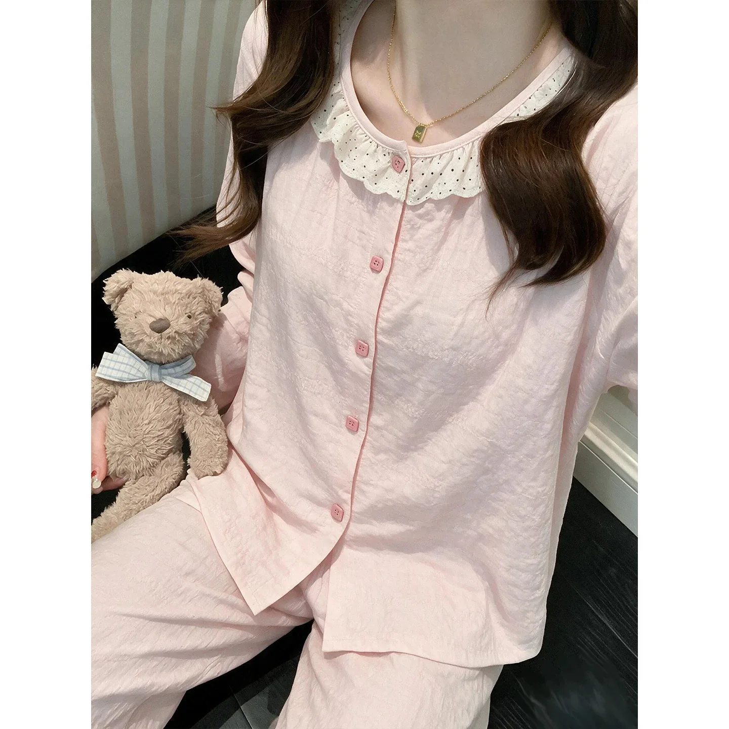 Sweet Lace Padded-Cup Nightgown For Women—New Spring/Fall Long-Sleeve, Long-Pants Princess-Style Loungewear Set In Plus Sizes