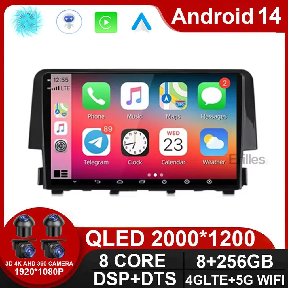 

9inch Android 14 Car Radio for Honda Civic 2016-2018 2K Multimedia Player with 4G Car Carplay & 2Din GPS Navigation NO DVD