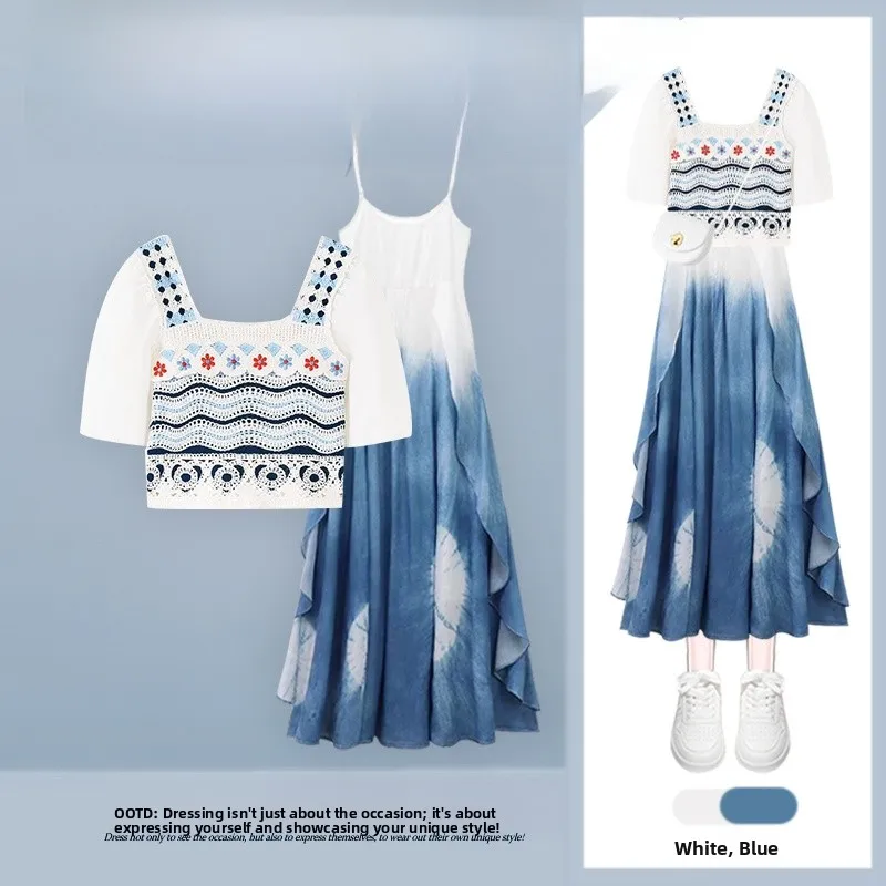 

Fashionable 2026 Summer Women's Knitted Top And Blue Dyed Halter Dress Two-Piece Set New Chinese Style Short Sleeve Shirt
