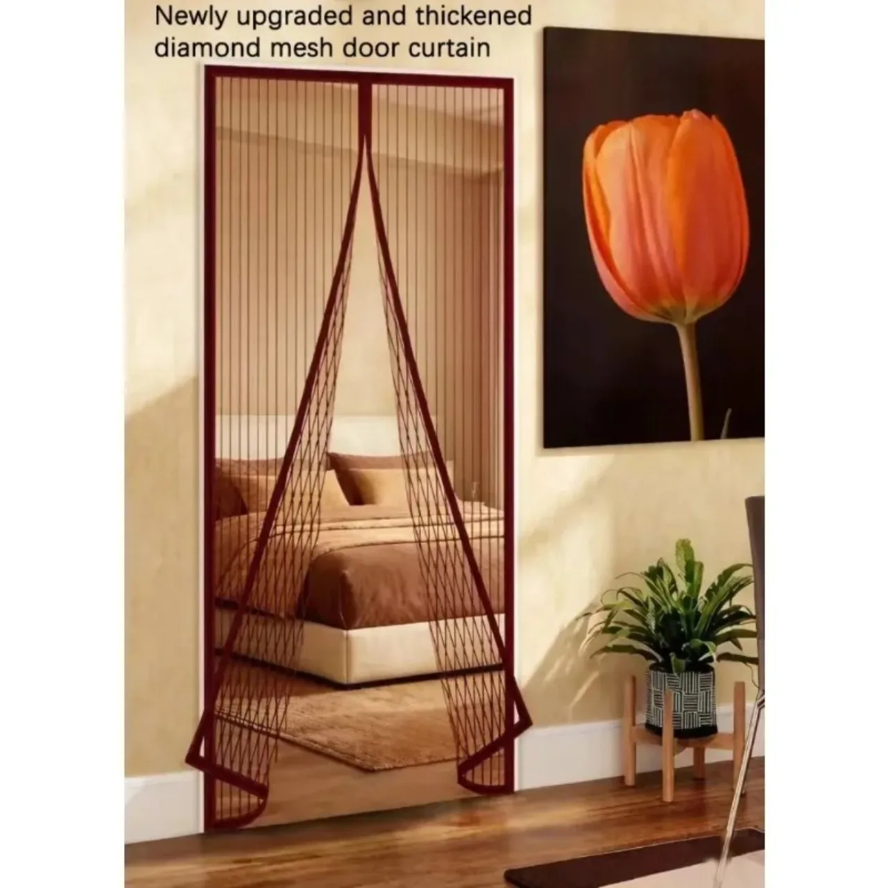 Non Punched Coffee Colored Magnetic Door Screen with Adjustable Size, Sturdy and Durable, Resistant To Cat Scratching