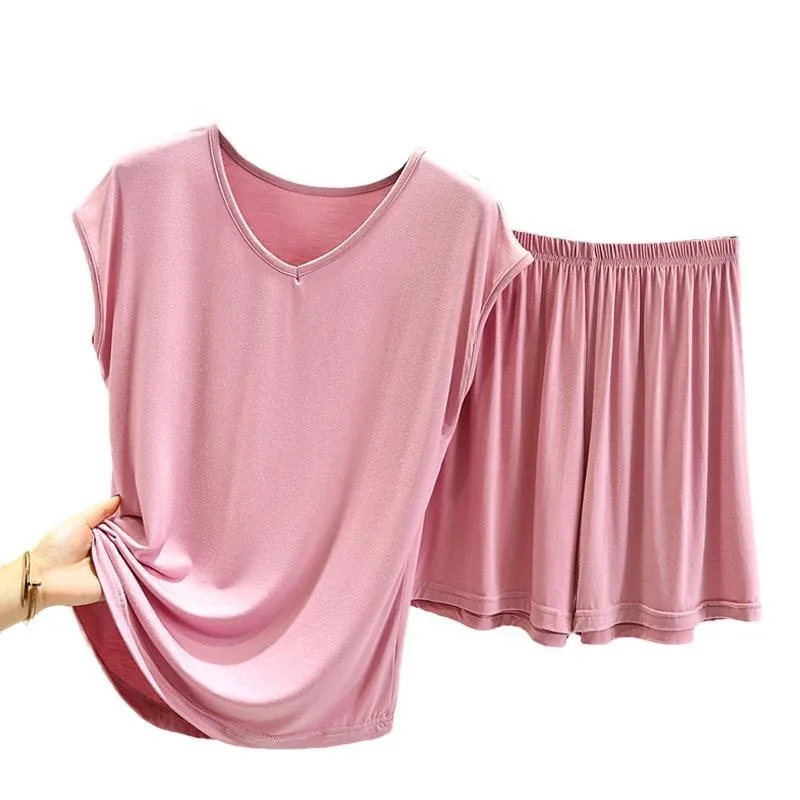 Camiseta sin mangas Modal para mujer, camisa de Base suelta, pijamas finos para el hogar, pantalones cortos superiores de talla grande, pijamas de verano de dos piezas