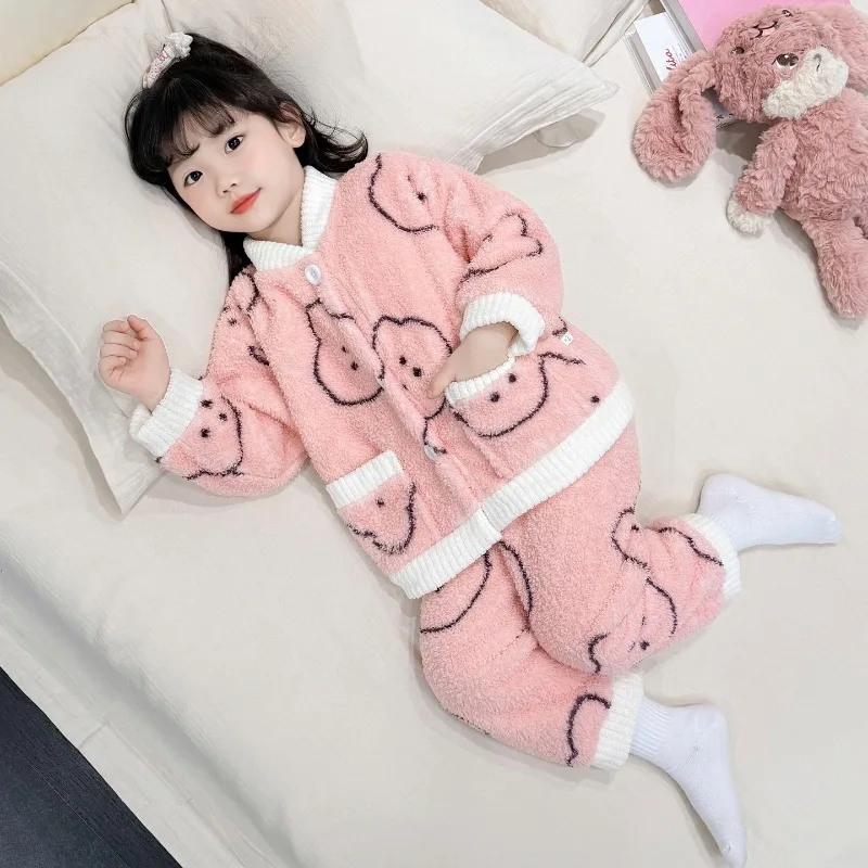 

2025 New Coral Fleece Girl's Pajamas Thickened Flannel Winter Kids Home Wear Set
