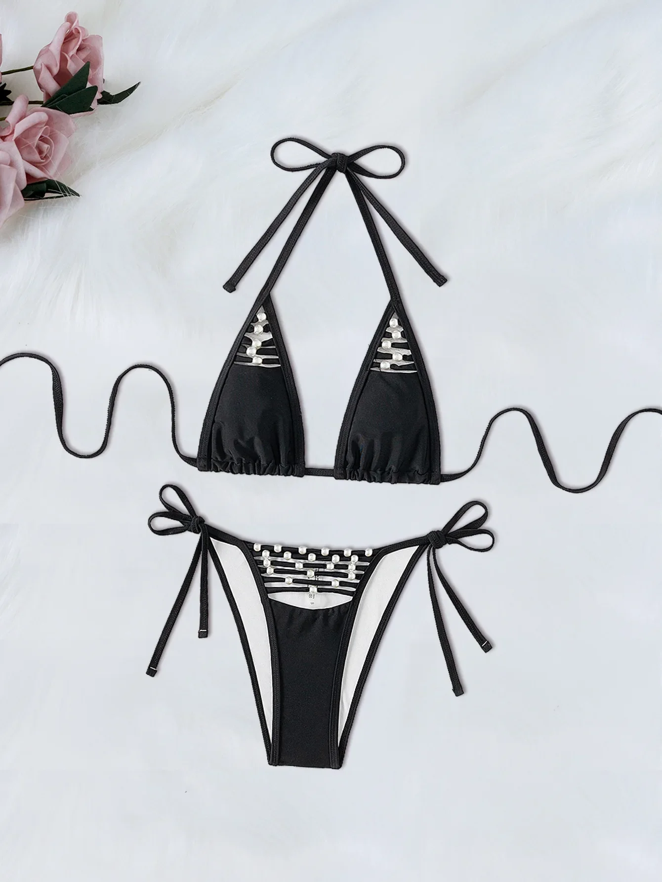 

Bikini Set Women Pure Color Black 2 Piece Swimsuit Pearl Triangle Halter Backless Beach Vacation Bathing Suit Swimwear 2025 New