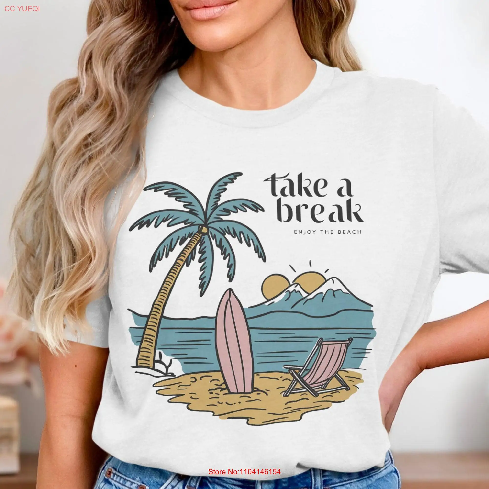 Beach Vacation T Shirt Take a Break Relaxing Scene Surfboard and Palm Tree Design Summer Holiday Top