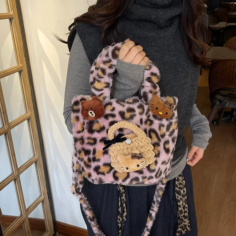 

Осенне-зимняя ретро-корейская сумка-ведро с леопардовым принтом для женщин, новая модная универсальная милая плюшевая сумка на плечо