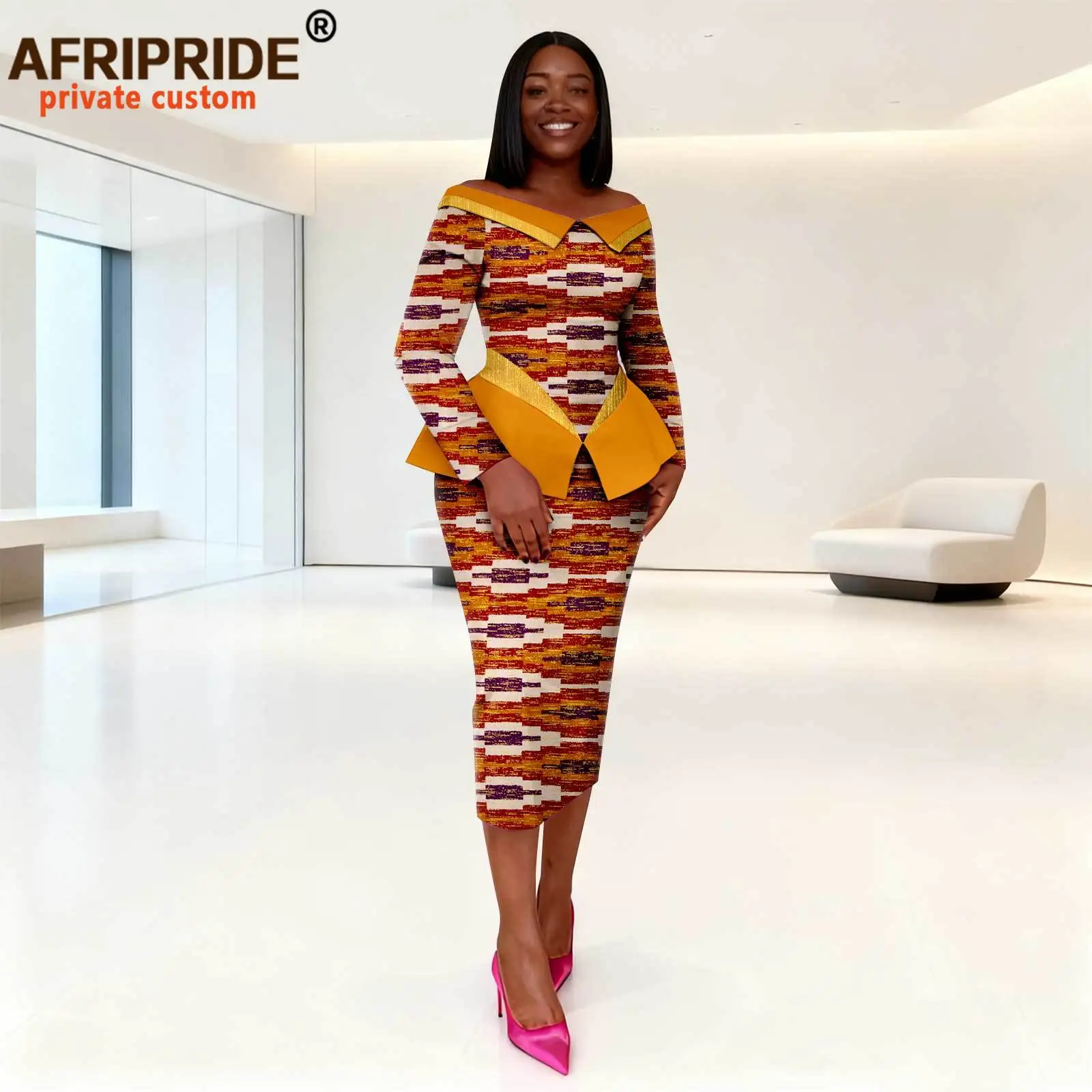 African Dresses for Women Off Shoulder High Waist Slim Fit Elegant Print Knee Dress Party Attire Dashiki Outfits 2525190