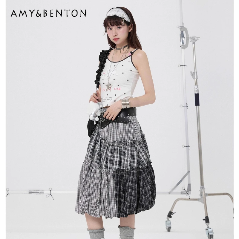 

Original Design Black White Plaid Asymmetric Splicing Women's Long Skirt Summer New Retro Sweet Cool Lace Cloud Skirts Ladies