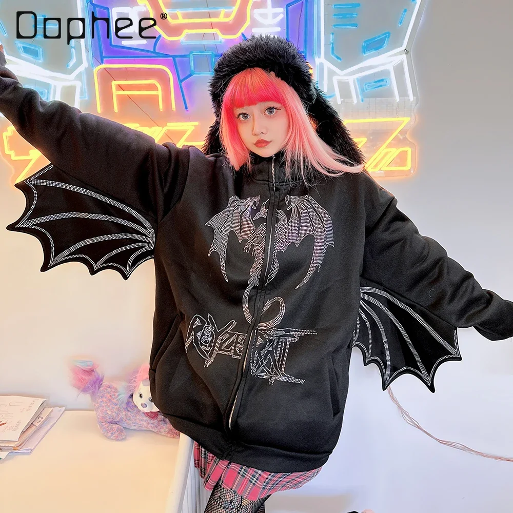 

Gothic Bat Wings Hot Diamonds Hoodies Men and Women Punk Harajuku Y2K Black Zipper Long Sleeve Loose Coat Casual Sweatshirts