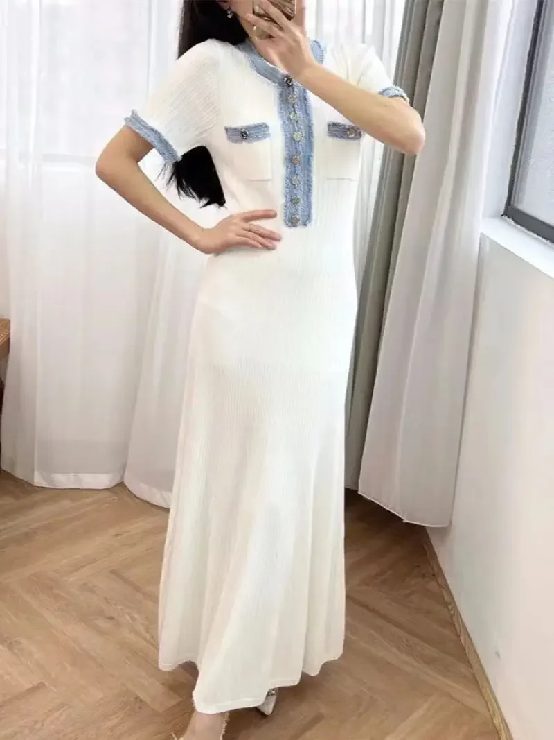 

Women Denim Splice Knit Dress Blue or White Front Buttons O-Neck Short Sleeve Elegant Summer 2024 Midi Robe