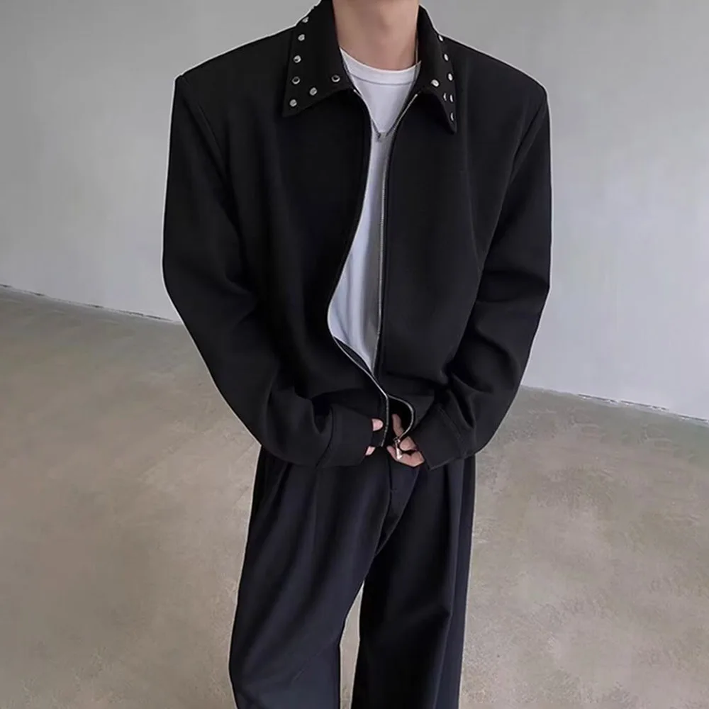 Mens Padded Shoulder Riveted Casual Jacket Streetwear Fashion Youth Outdoor Versatile Personality Bomber Urban Outerwear 2026