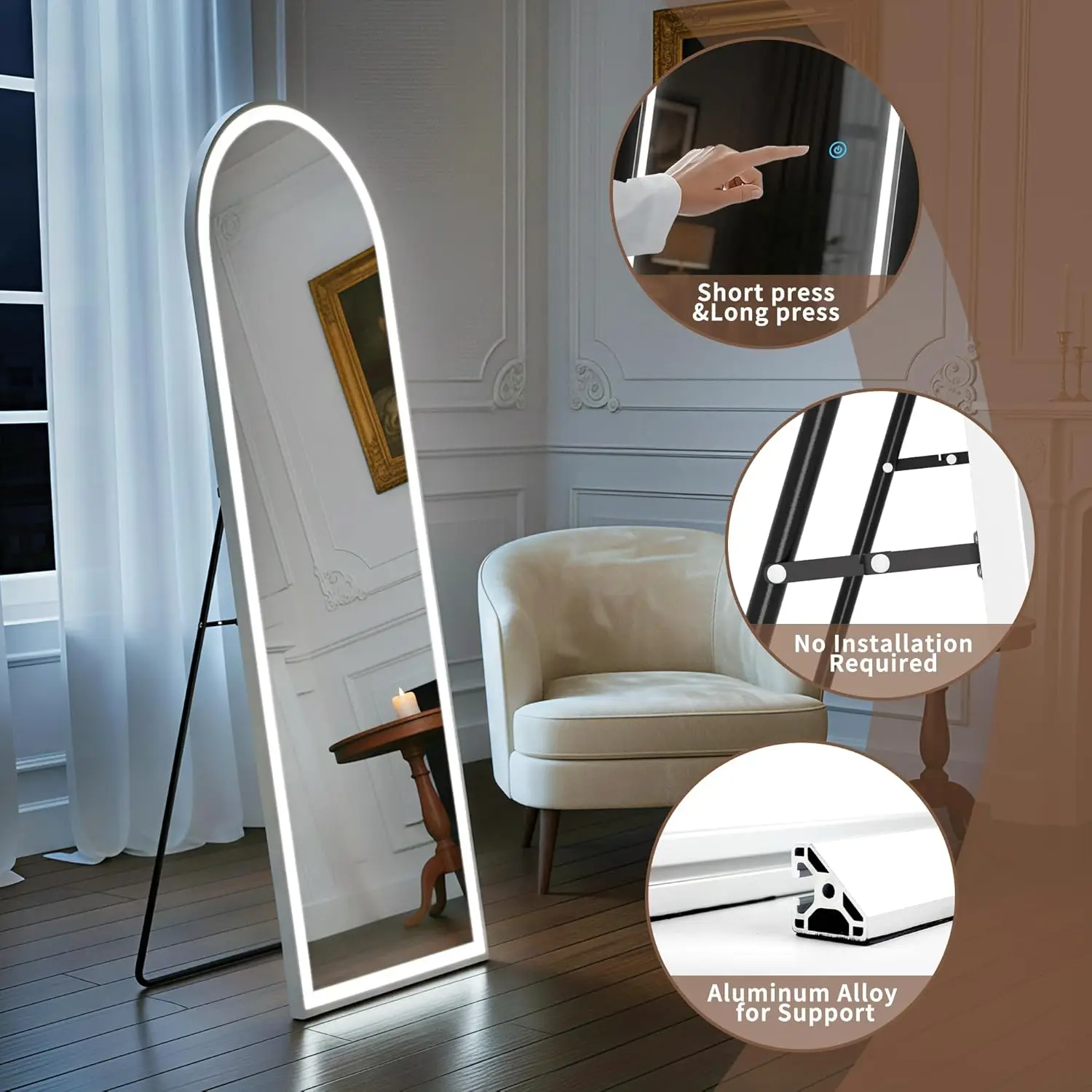 مرآة مقوسة كاملة الطول مع أضواء LED، مرآة أرضية LED مقاس 60 × 16 بوصة مع حامل، مرايا أرضية للجسم مع إضاءة خافتة بثلاثة ألوان