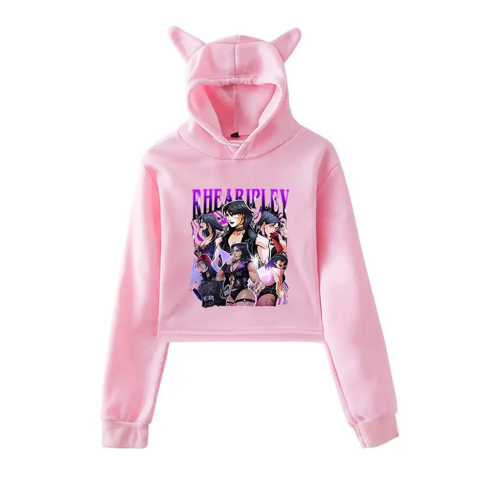 

Rhea Ripley Merch винтажная уличная одежда 90-х годов с логотипом, толстовки с капюшоном для девочек, укороченный модный спортивный пуловер с кошачьими ушками