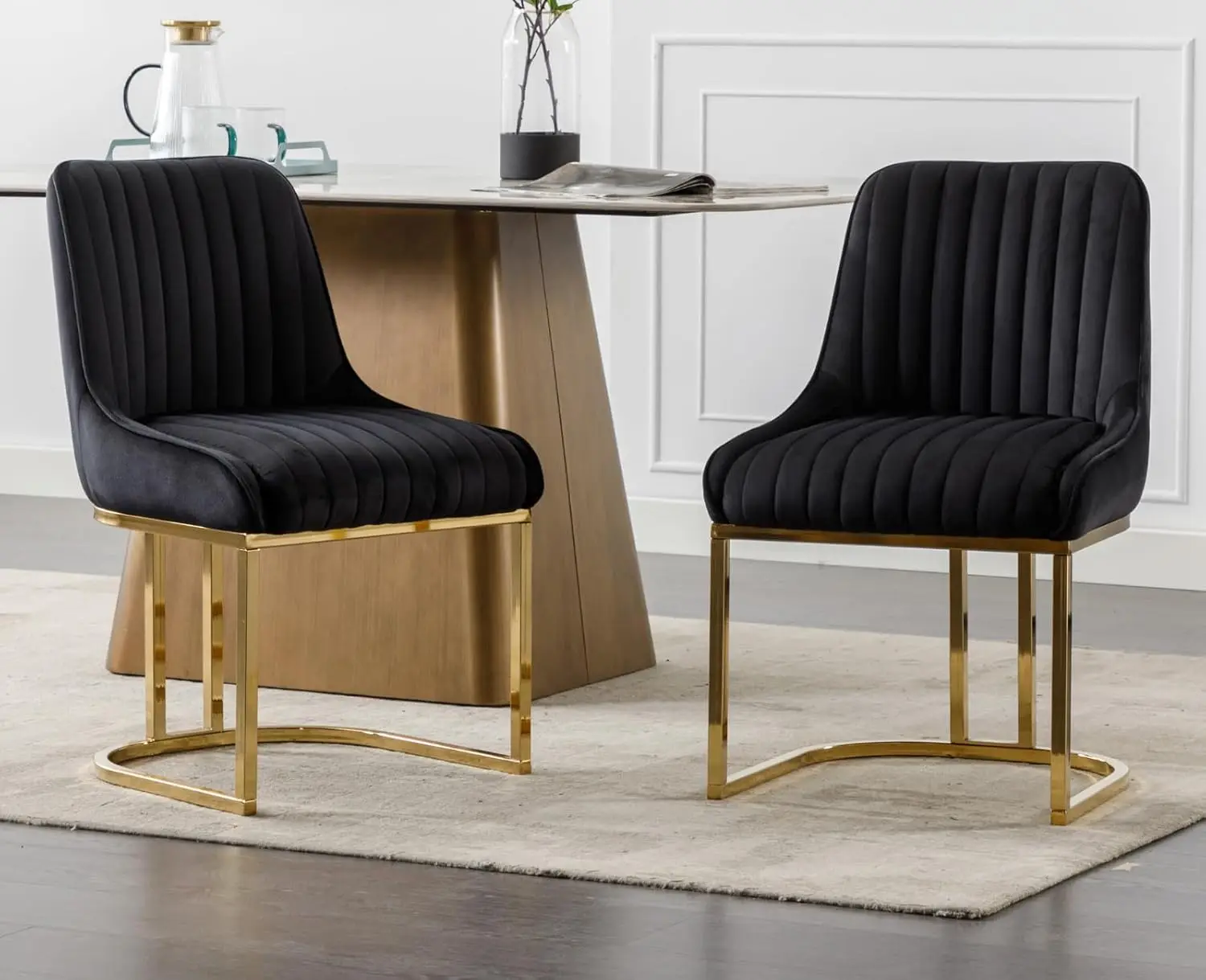 Black Velvet Upholstered Dining Chairs for Kitchen & Dining Room, Modern with Gold Metal Base