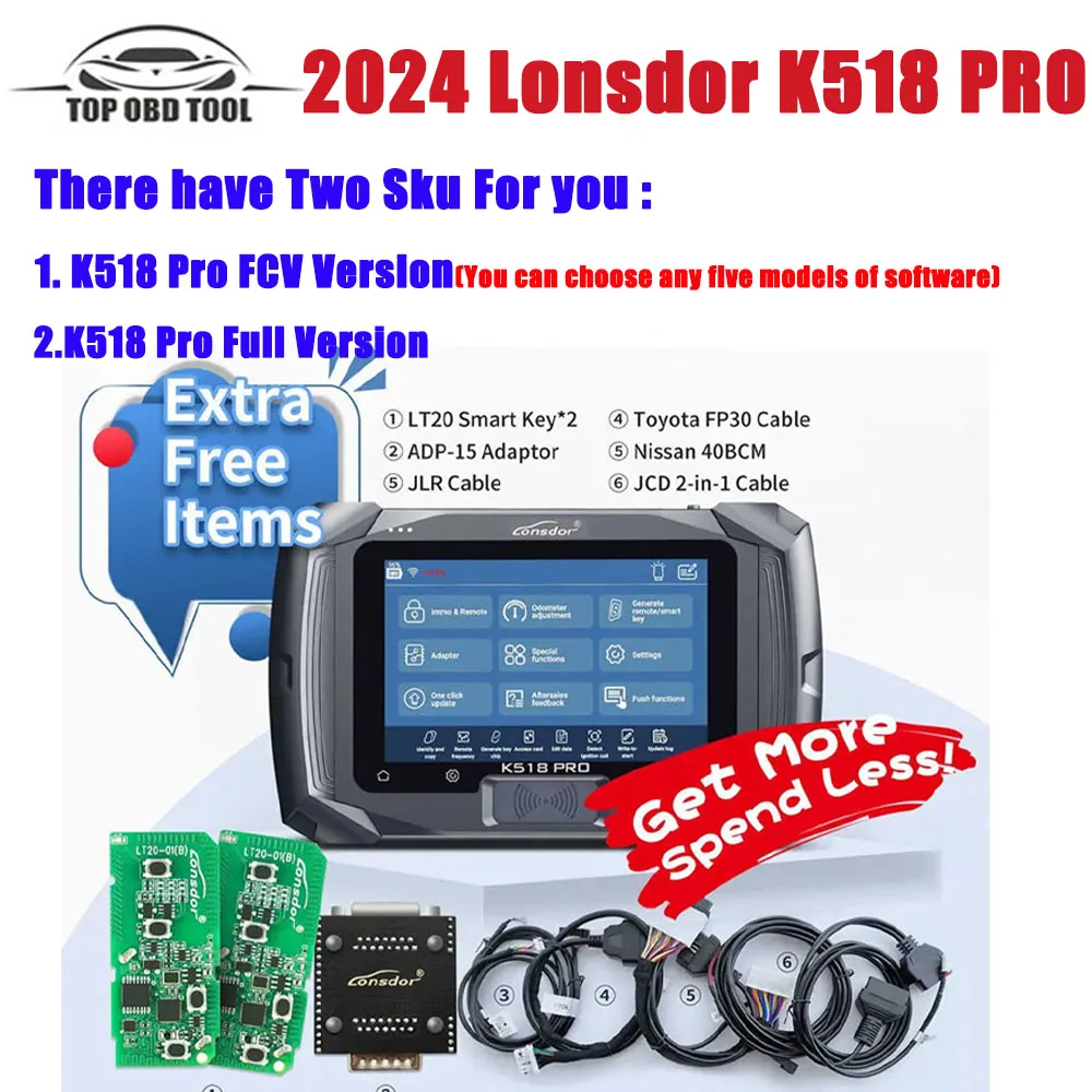 2024 Lonsdor K518 PRO Full Version All In One Key Programmer with 2pcs LT20, Toyta FP30 Cable, Nissn 40 BCM Cable,ADP Adapter