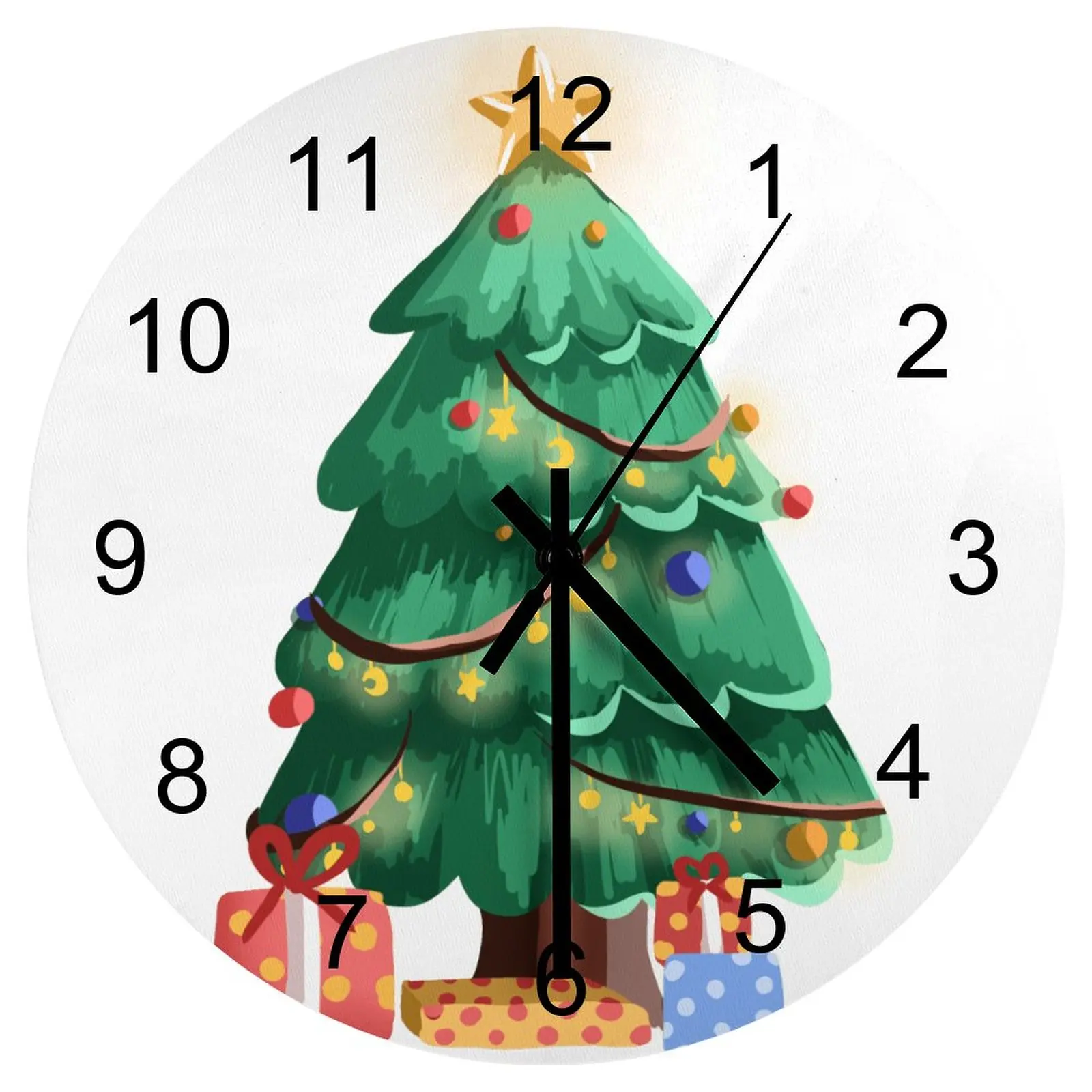 

Study Wall Clock Green cartoon Christmas tree Clocks 12 inch Mute Wood Round Artistic 3D Display Abstract