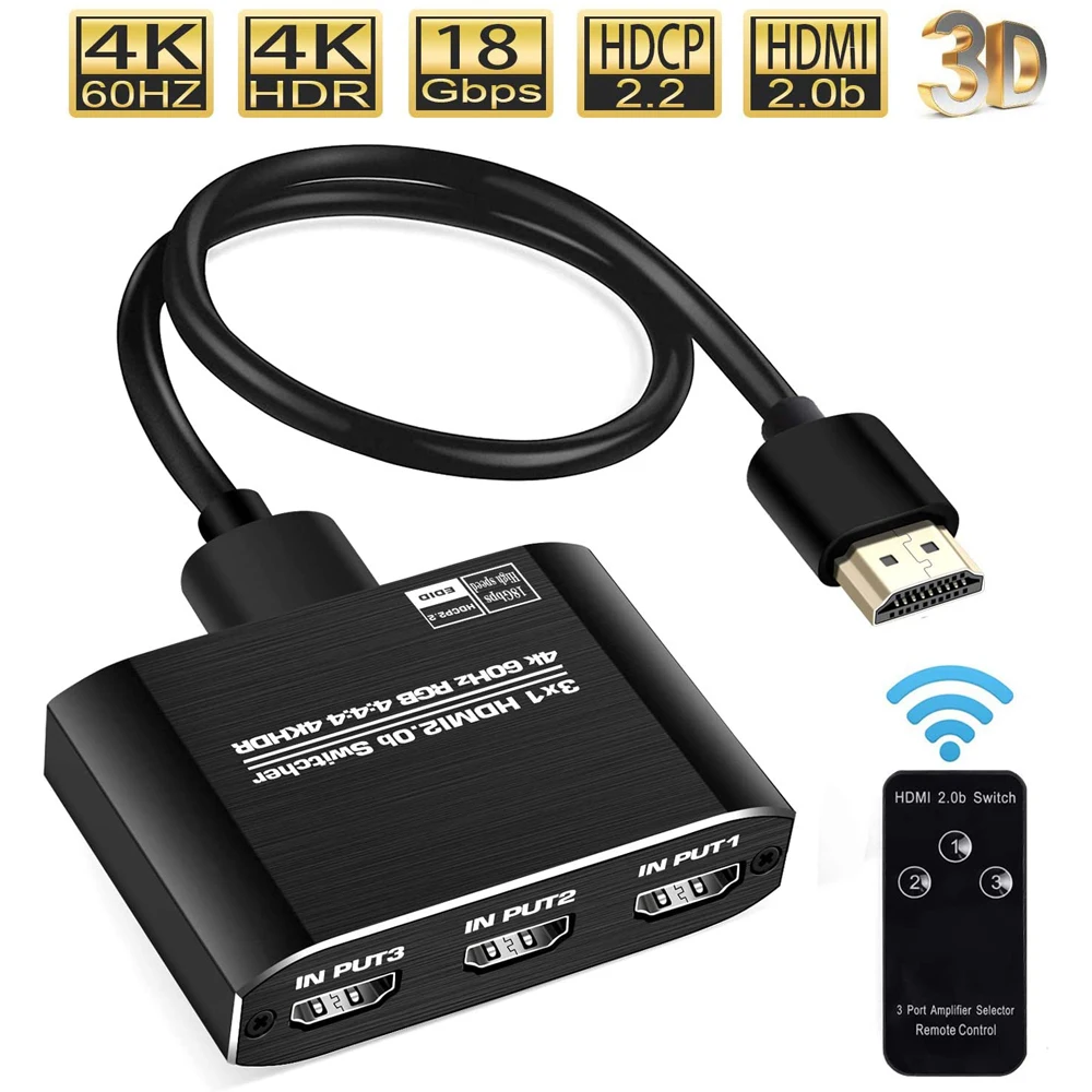 Navceker 4K 60Hz Mini 3 Port przełącznik HDMI rozdzielacz przełącznik HDMI 2.0 4K 1080P HDR 3 w 1 Port koncentratora na DVD HDTV Xbox PS3 PS4