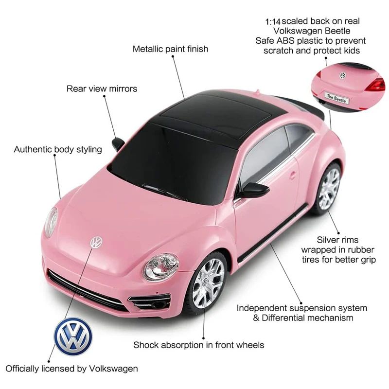 Volkswagen Pretty Pink RC Car 1/14 Scale Remote Control Car Model Radio Controlled Auto Machine Toy Gift for Kids Girls