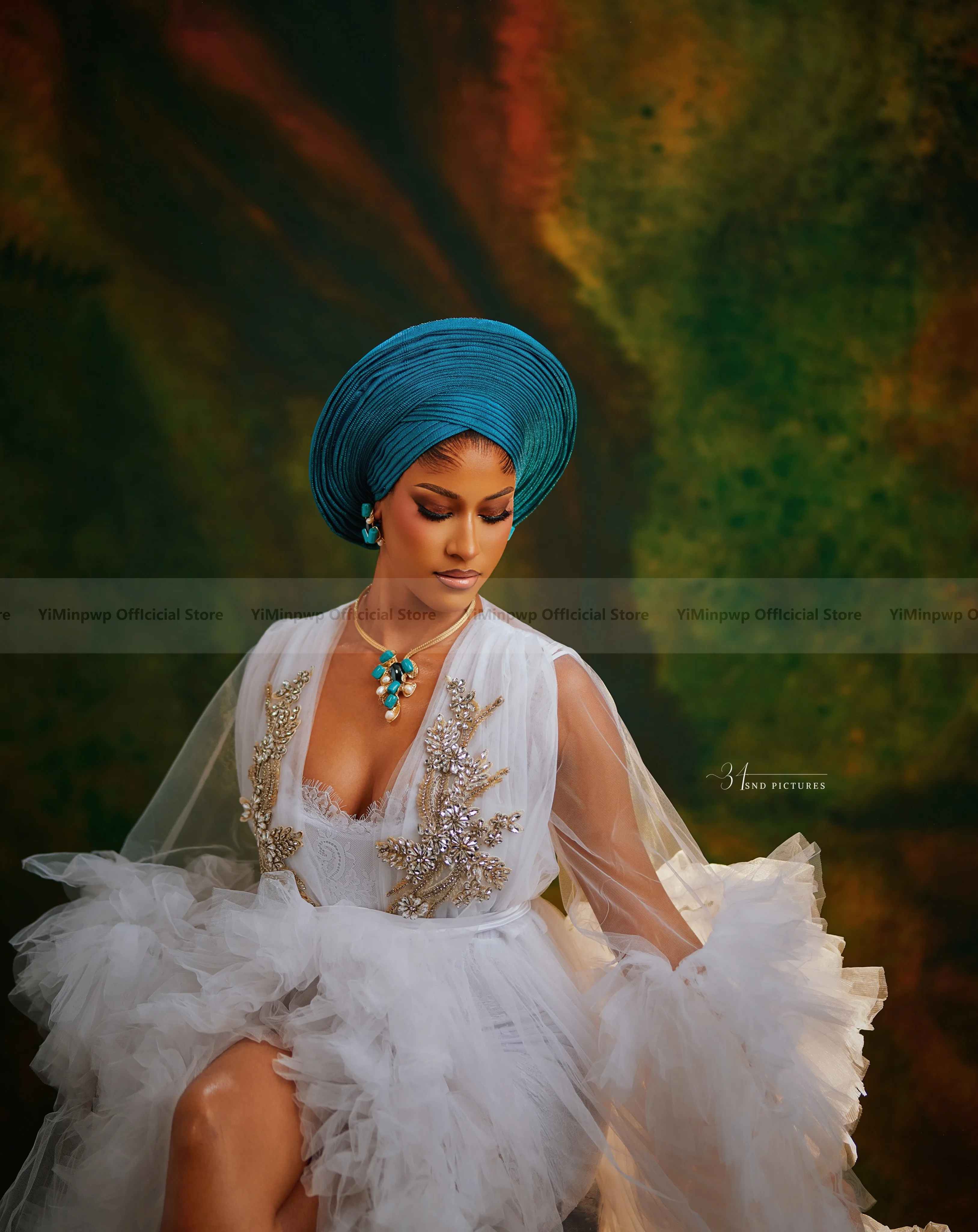 Aso Ebi Africa Wedding Dress Bride Robe 2 Pieces Long Sleeves Belt Ruffles Gold Crystal Photoshot Bridal Shower Dress Customized