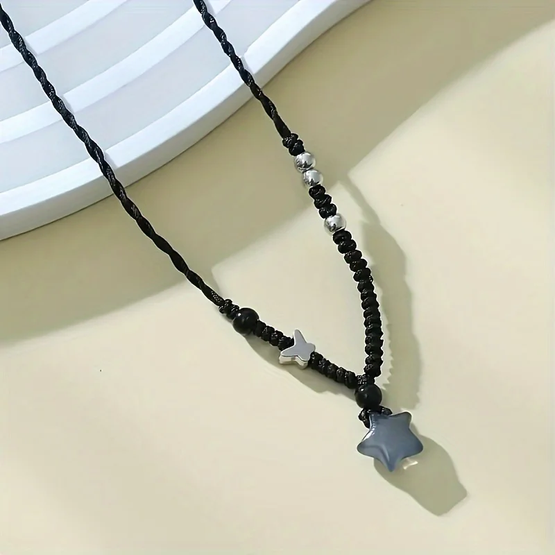 Vintage Black Rope Chain Short Necklace Korean Acrylic Star Pendant Necklace Women\'s Casual Fashion Party Jewelry