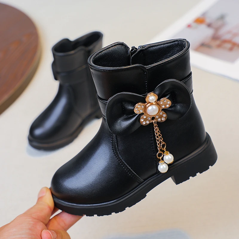 *2026 Fashion Hot Selling Pearl Elegant/Beautiful Girls Boots Winter New Style Round Toe Comfortable Bow Casual Princess Boots