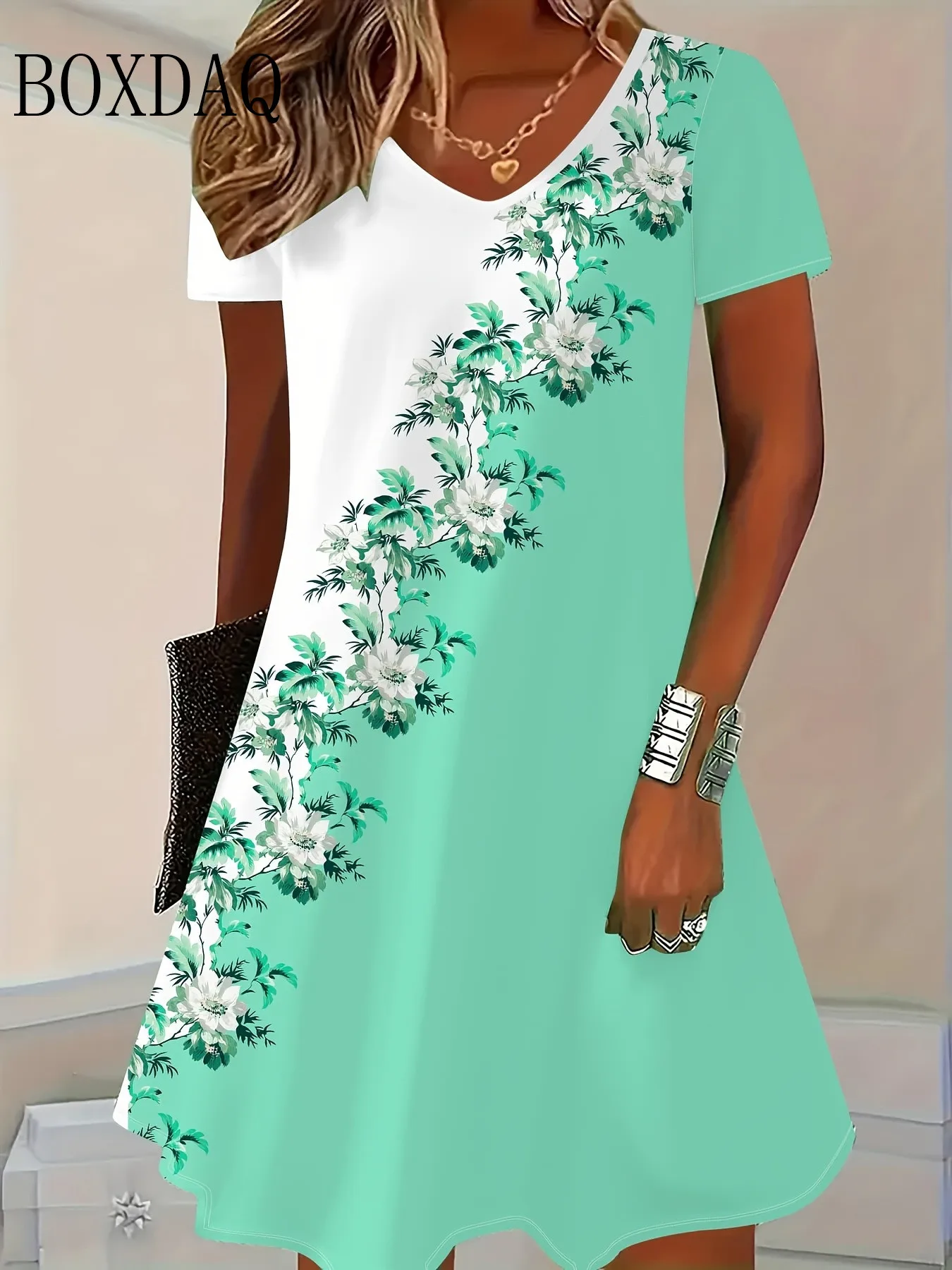 Striped Dresses Summer Elegant Women'S Clothing Fashion V-Neck Flower 3D Print Short Sleeve Dress 2025 New Plus Size Loose Dress