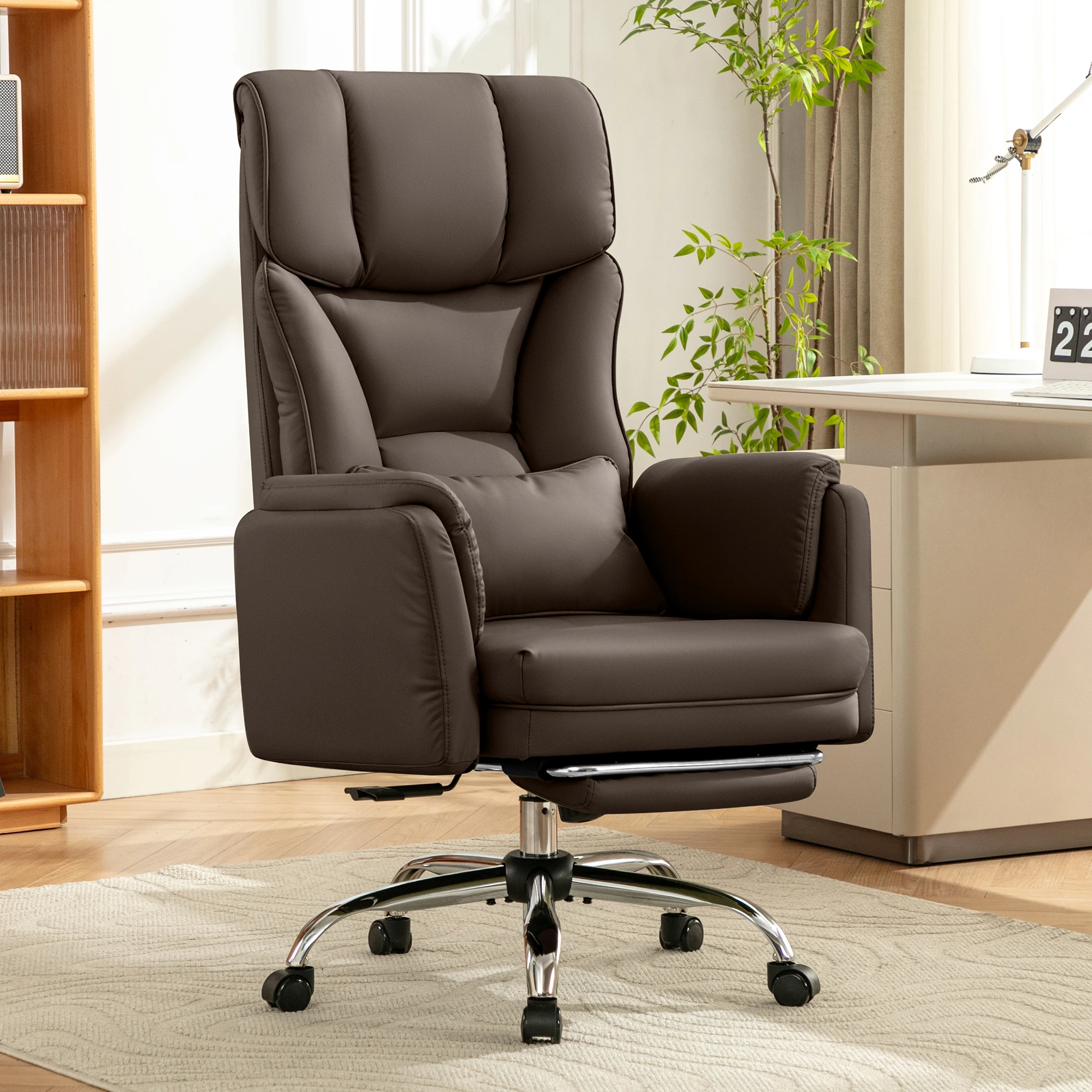 KERDOM 500lbs Big and Tall Office Chair with Flip Armrests and Wide Seat, Home Office Desk Chairs with Adjustment Lumbar Support, for Pets and Cross Legged Sitting, Headrest PU Leather Executive Chair, Metal Base & Quiet Rubber Wheels, Brown