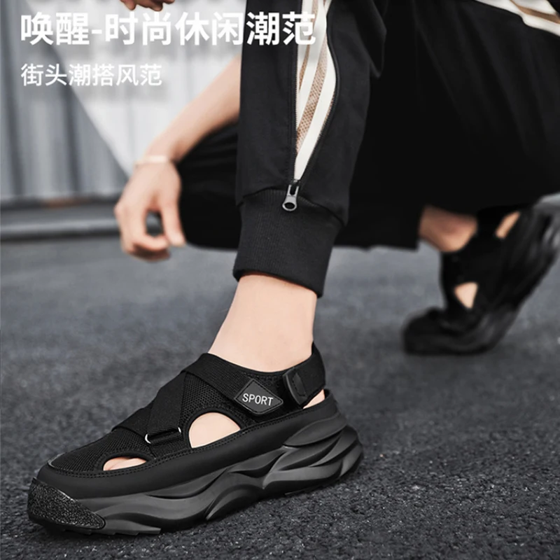 Men Hollow Breathable Magic Tape Sandals Teenagers Summer Trend Comfortable Casual Soft Sole Outdoor Cool Beach Slip On Footwear