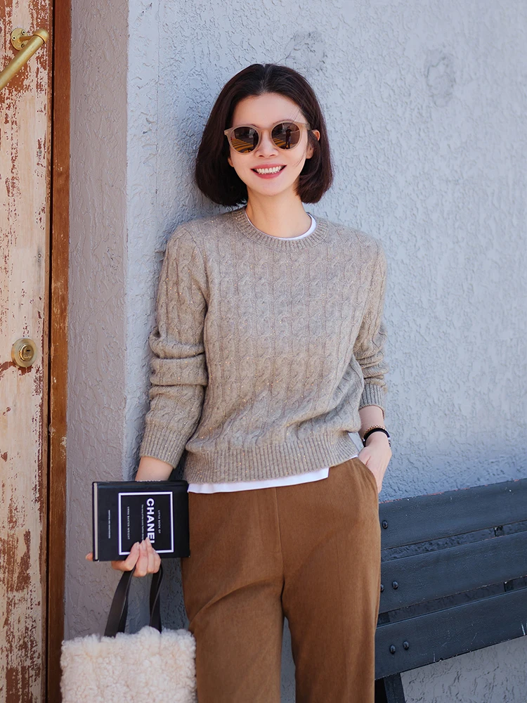 

Vi Velvet Knitted Sweater Sequin Inner Wear Classic Vintage Twist Warm Soft Wool Blend Women's Faion Commutewear