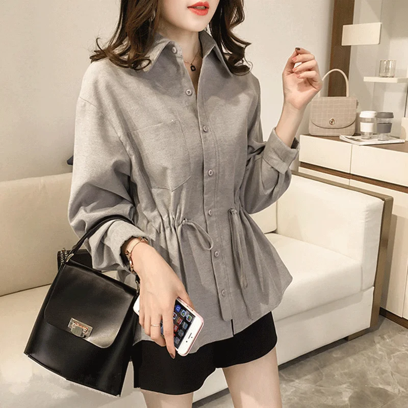

Loose Cotton Linen Long Sve Women's irt plus Size Casual Versatile Faionable Korean Sle Straight Cut Collar