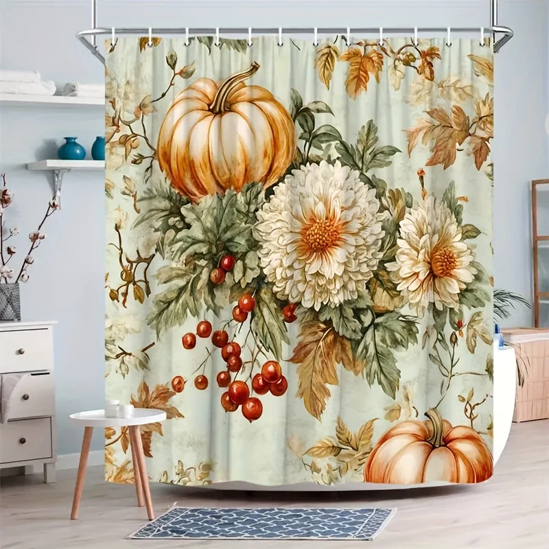 Shower Curtain Vintage Pumpkin Berry Dahlias Autumn Leaves Print Polyester 70.8x70.8 Inch Machine Washable