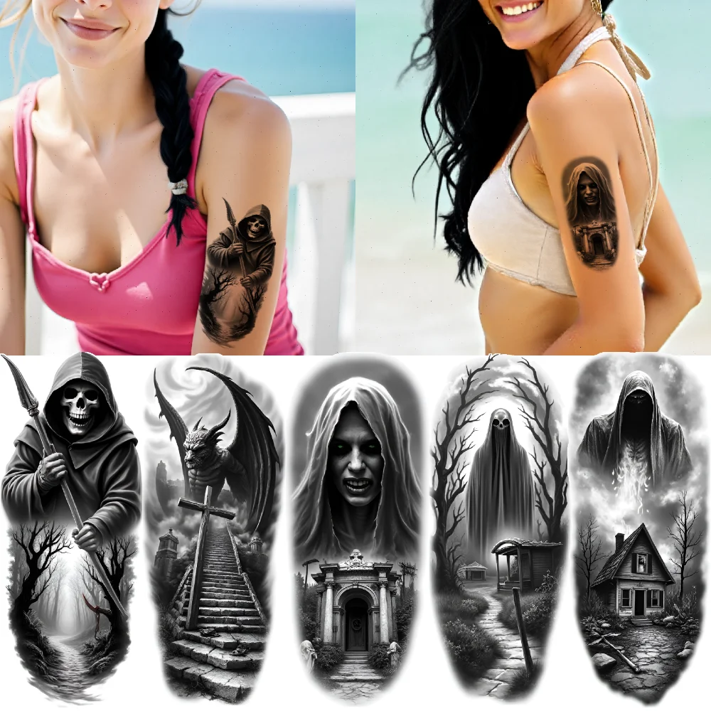 

3 шт. временная татуировка ведьма татуировка водостойкие долговечные наклейки для тела татуировка ангела готический дом черный и серый реализм