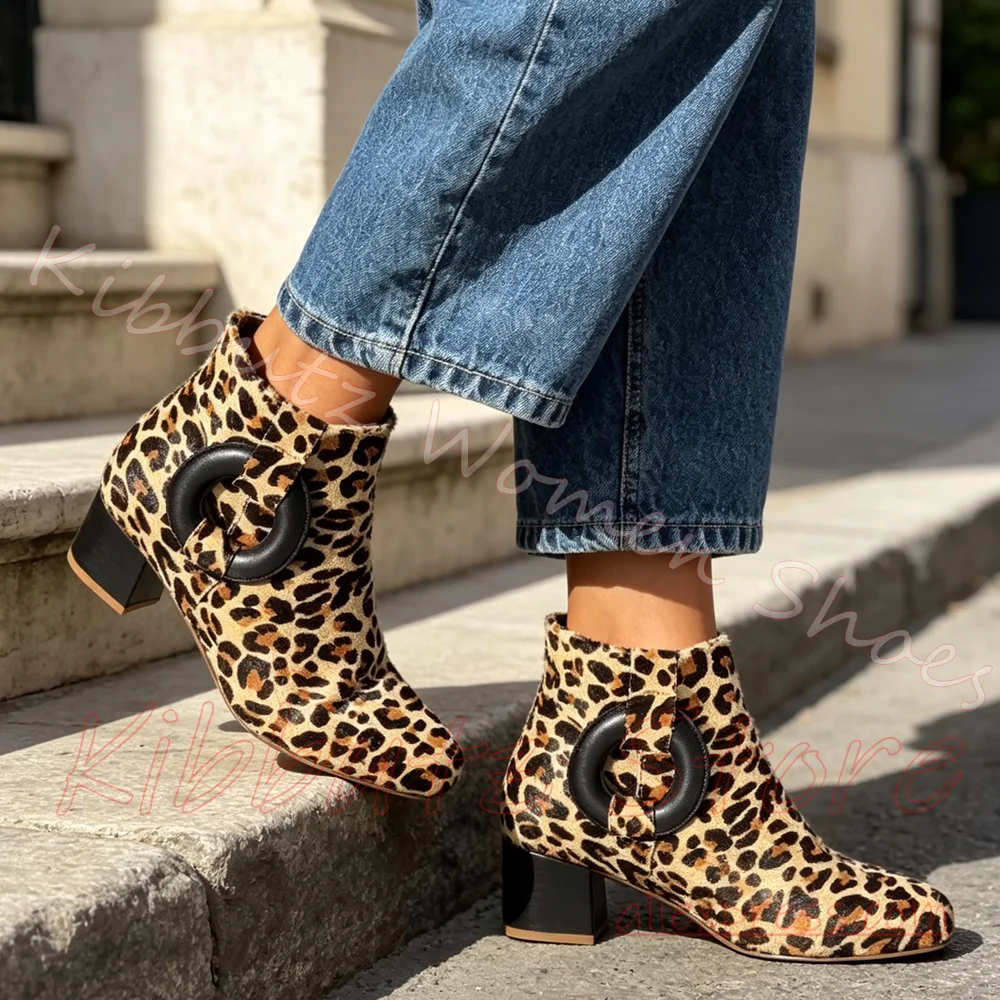 Botas de caña alta con estampado de leopardo y pelo de caballo, para mujer, con tacón ancho, puntera cuadrada, hebilla grande, estilo retro, sexys, de colores combinados, cómodas, a la moda, novedad.