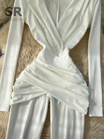 SINGREINY Minimalist Office Lady Jumpsuits Women Deep V Neck Slim Pleated High Waist American Fashion Glamorous Wide Leg Rompers - Image 5