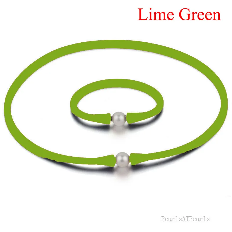 16 inches 10-11mm Natural Pearl Lime Green Rubber Silicone Necklace & 7 inches Bracelet Jewelry Set