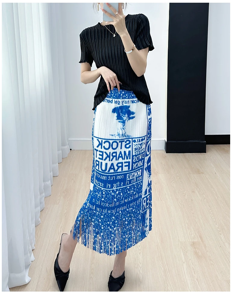 

HOT SELLING Miyake fold fashion print Letters straight Nimble fringe blue skirt IN STOCK