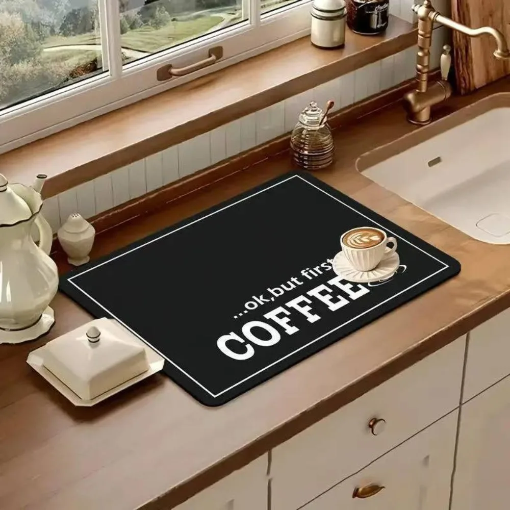 1pcsCoffee White Print Coffee Machine Mat Fast Absorbent Dish Drying Mat Kitchen Essential Super Absorbent Coffee BarAccessories