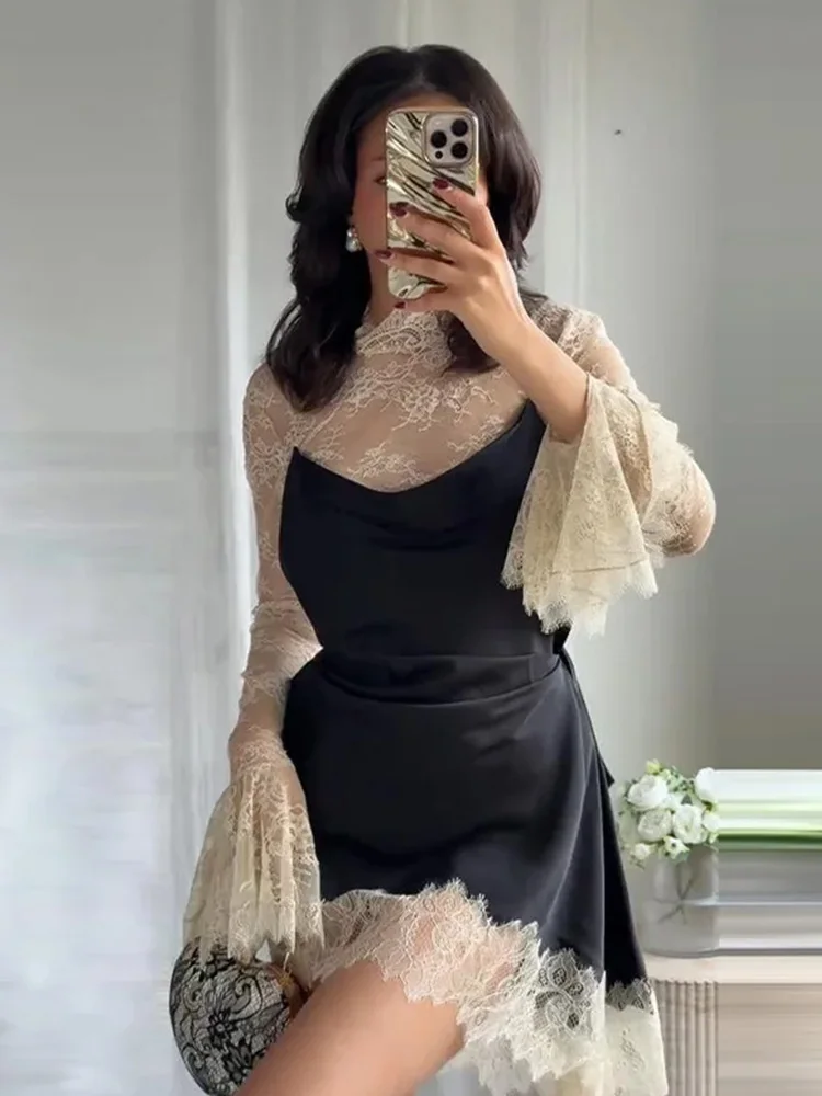 HH femme mode couleurs contrastées Sexy robe de soirée femmes élégant manches longues dentelle épissage cloche manches décoration Mini robe
