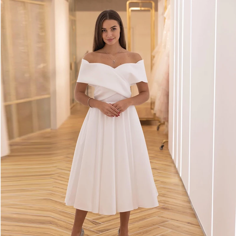 

Mid-Calf Wedding Dress Elegant Soft Satin With A-Line Ball Gown Sleeveless Boat Neck Garden Wedding Button Vestido De Novia