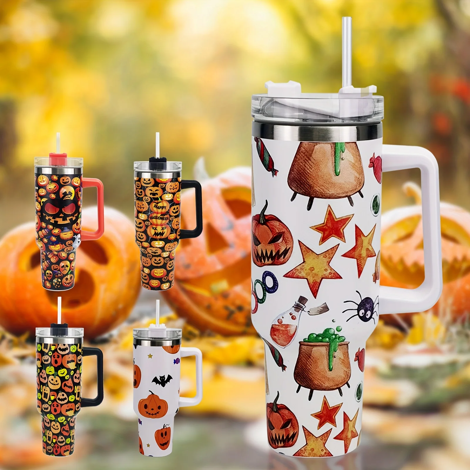 1pc, Halloween 40oz 5D Pumpkin Tumbler, Vacuum Insulated Car Cup With Handle And Straw, Large Capacity Insulated Water Bottle Fo