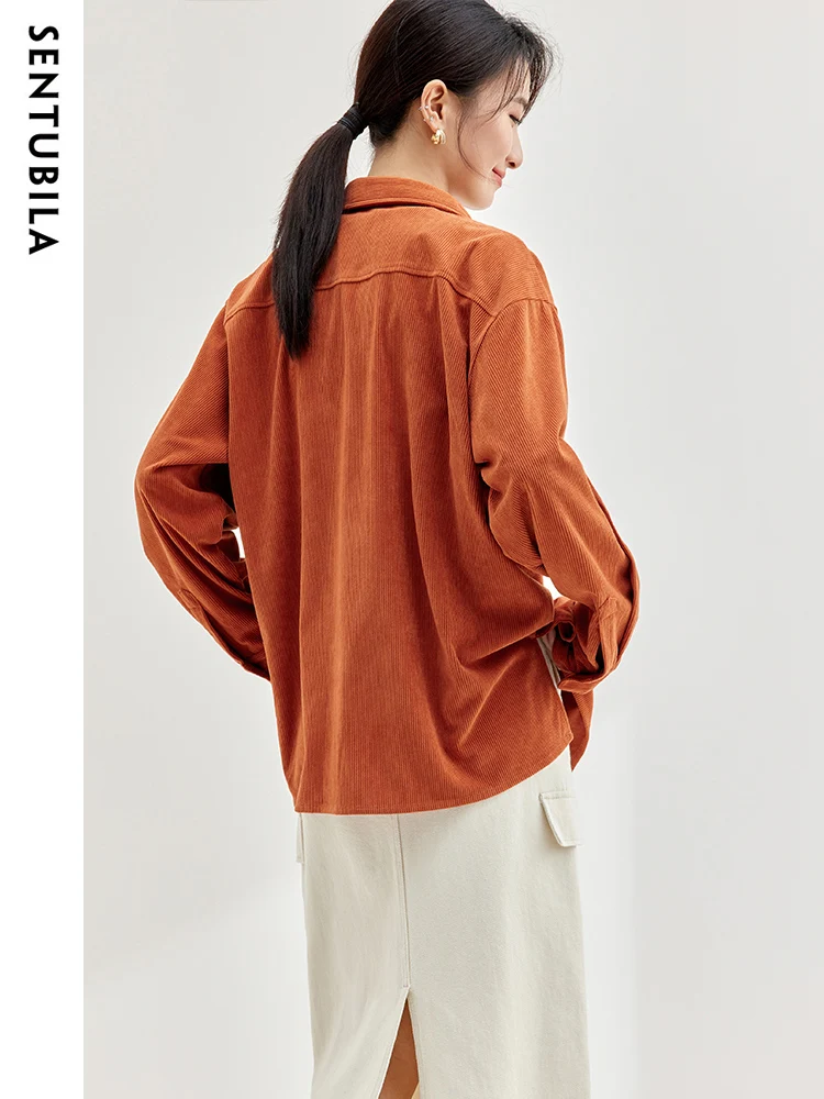 SENTUBILA Orange Corduroy  Women Shirts & Blouses 2024 Autumn Casual Lapel Drop Sleeve Side Split Shirt Coat Clothing 133C51628