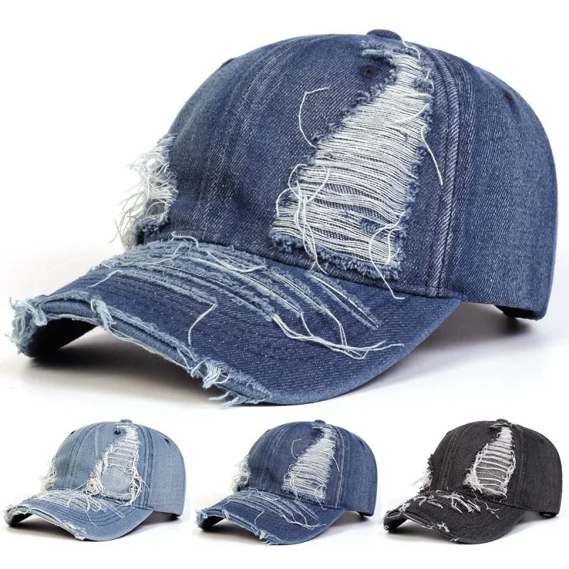 Unisex Distressed Ripped Denim Baseball Cap, Frayed Raw Edge Curved Brim Adjustable Casual Streetwear Dad Hat for Men Women