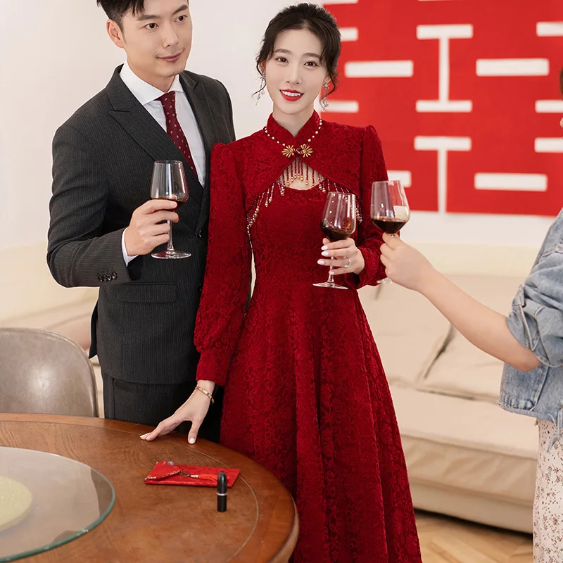 

Chinese Cheongsam Red Wedding Dress Toast Clothing Back Door Dress Formal Evening Qipao Lace Engagement Dress Tang Suit 2023