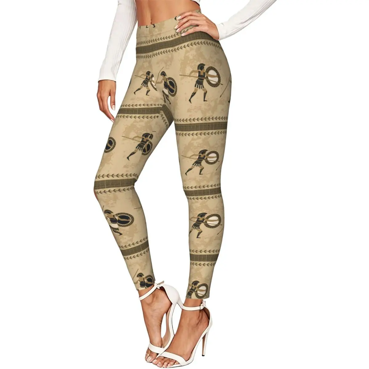 Women Full Length Elastic Leggings High Waist Tight Pants Ancient Greek Fighting People Casual Bottoms