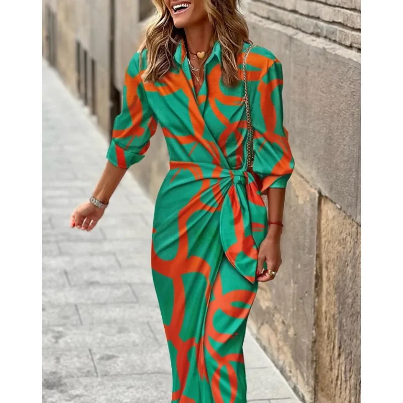 Neue Damenmode mit langen Ärmeln, bedrucktem Hemdkragen, Schnürung, mittellanges Kleid, sexy V-Ausschnitt, Schlitz, gestreift, knöchellanges Kleid