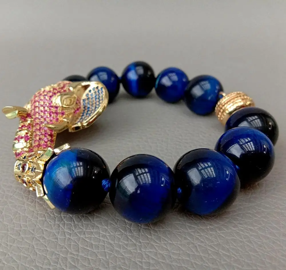 

8'' 14mm Blue Tiger Eye round strand Bracelet Cubic Zirconia Pave Elephant gold color plated Connector magnet clasp