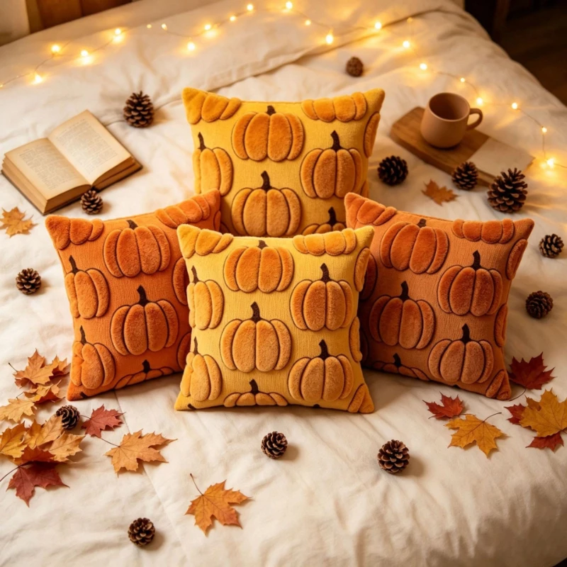 3D Jacquard Pumpkin Throw Pillow Covers, Halloween Plush Cushion Covers, Fall Holiday Square Pillowcases for Sofa Home Party