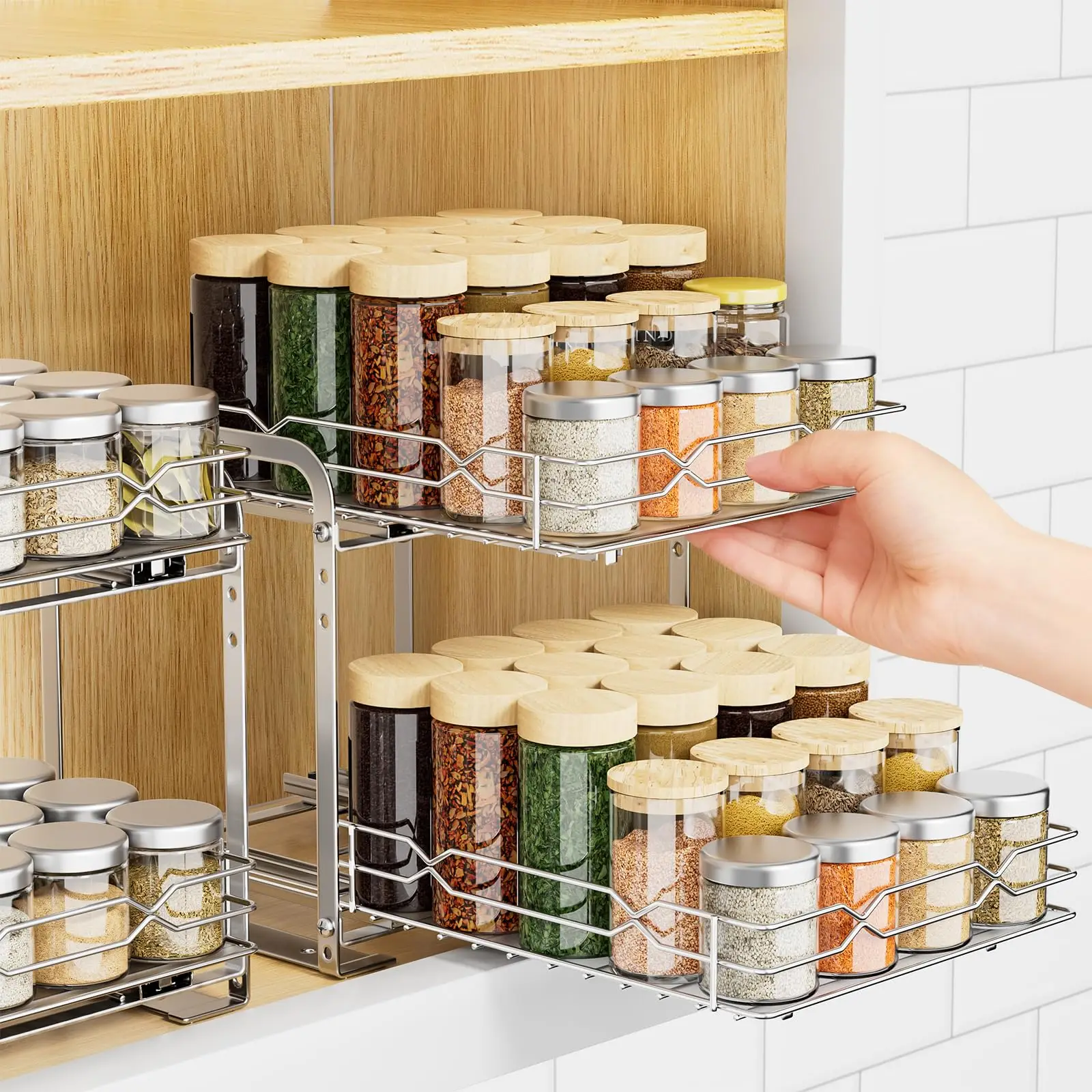 

Stainless Steel Pull out Spice Rack Organizer 2 Tier Adjustable Height Kitchen Storage for inside Cabinet Cabinet 6